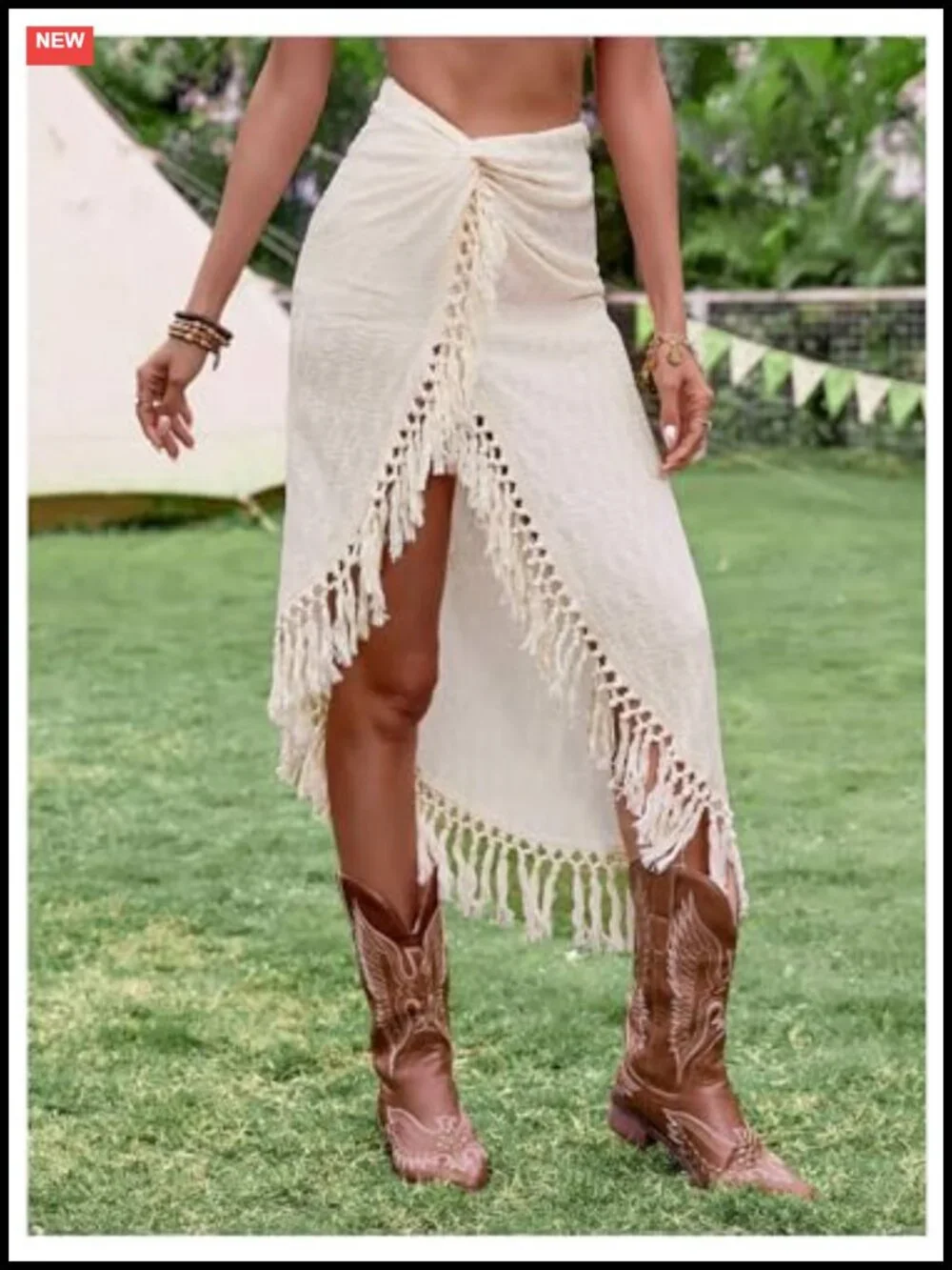 Boho Fringe Tassel Twist Front High Slit Midi Skirt